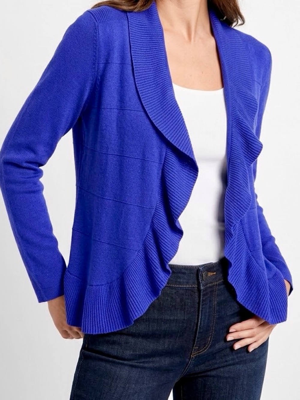 CHICO’S Ruffle Edge Purple Blue Ruffle-Front Open Cardigan Sweater — #LHP - Picture 2 of 16
